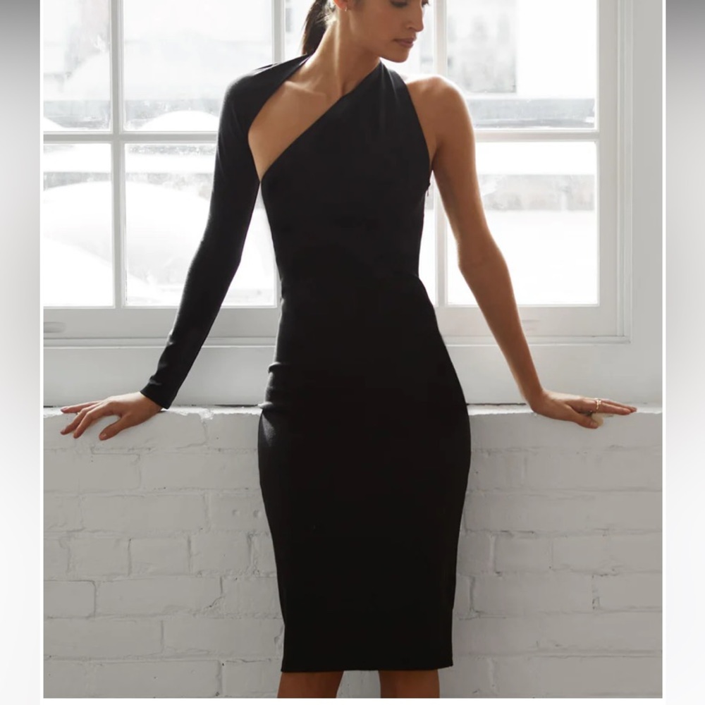 Marcella one shoulder asymmetrical midi dress black sz L